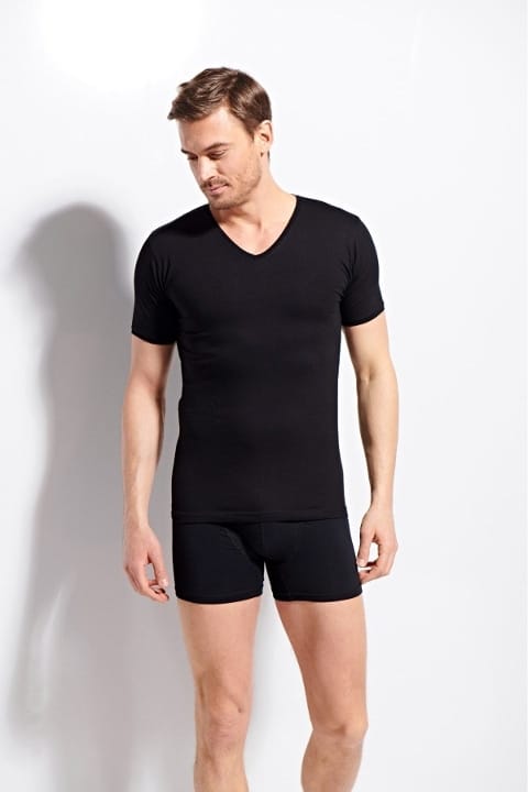 Ribana V Yaka Pamuklu T-shirt Erkek Kolcu 1220 - Siyah