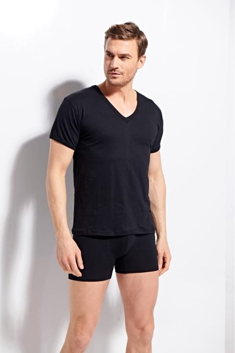 Ribana V Yaka Pamuklu T-shirt Erkek Kolcu 1220 - Siyah