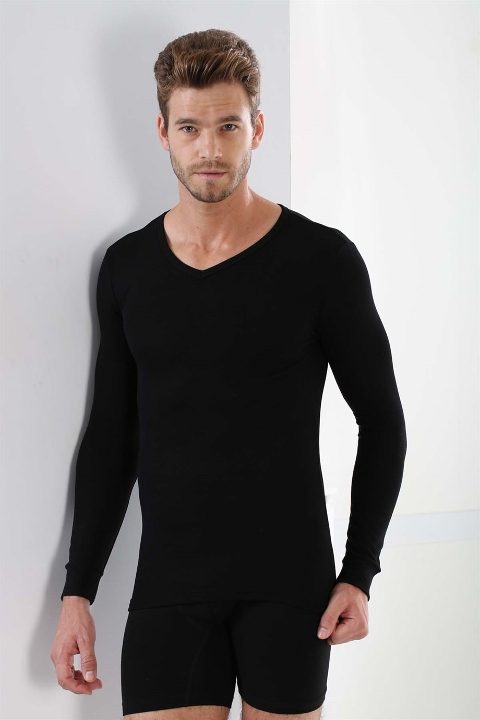 Pamuklu Ribana Uzun Kol V Yaka Atlet Erkek Arma Yıldız 1127 - Siyah