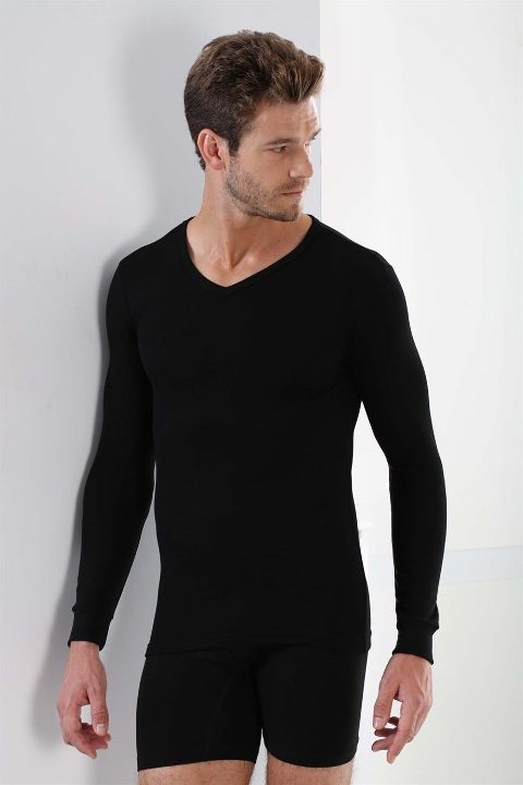 Pamuklu Ribana Uzun Kol V Yaka Atlet Erkek Arma Yıldız 1127 - Siyah