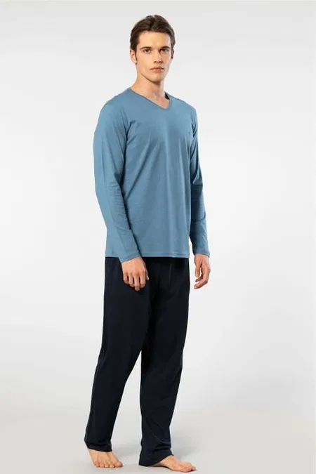 V Yaka Uzun Kollu Modal Pamuklu Erkek Pijama Takımı Cacharel 2237 - İndigo