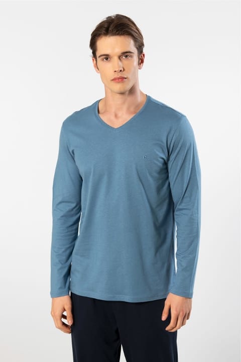 V Yaka Uzun Kollu Modal Pamuklu Erkek Pijama Takımı Cacharel 2237 - 2