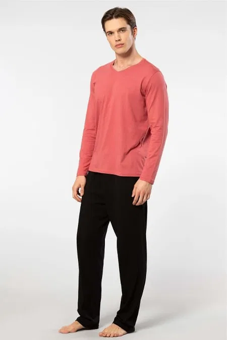 Uzun Kollu Modal Pamuklu Erkek Pijama Takımı Bordo Cacharel 2237 - Mercan
