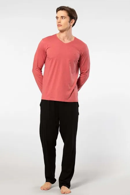 Uzun Kollu Modal Pamuklu Erkek Pijama Takımı Bordo Cacharel 2237 - Mercan
