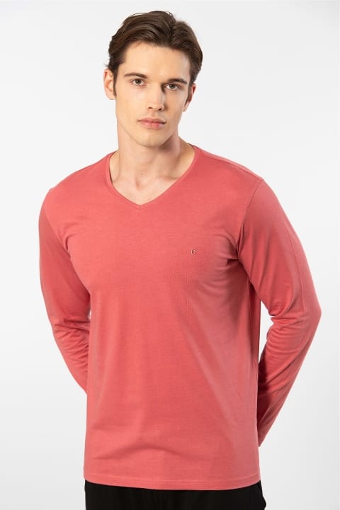 Uzun Kollu Modal Pamuklu Erkek Pijama Takımı Bordo Cacharel 2237 - Mercan