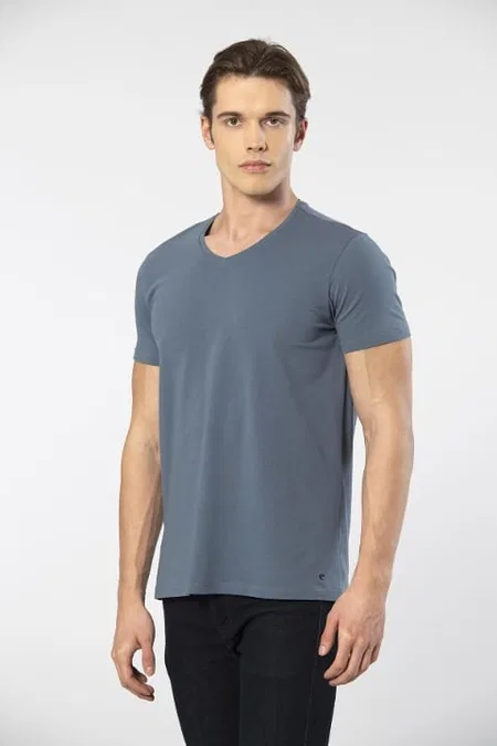 Pamuklu Kısa Kollu V Yaka Erkek T-shirt Cacharel 1332 - MAVİ1