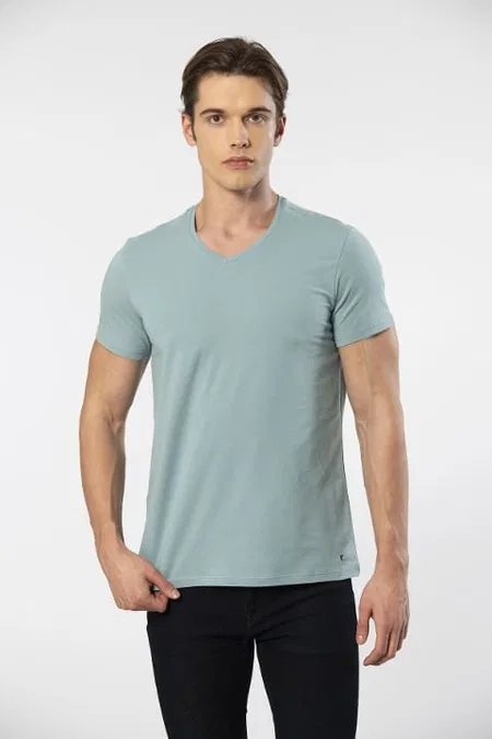 Pamuklu Likralı V Yaka Kısa Kollu T-shirt Cacharel 1332 - YEŞİL1