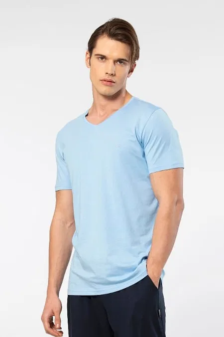 Pamuklu Modal V Yaka Kısa Kollu T-shirt Cacharel 2170 - Açık Mavi