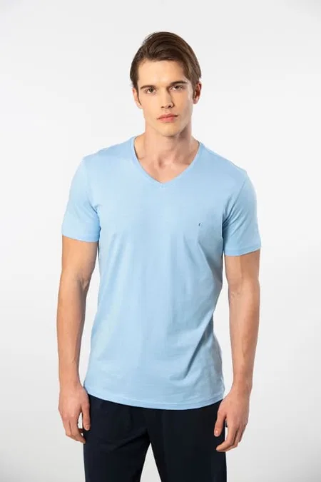 Pamuklu Modal V Yaka Kısa Kollu T-shirt Cacharel 2170 - Açık Mavi