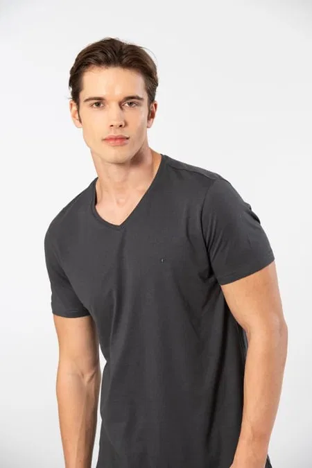 Modal Pamuk V Yaka Rahat Kesim Erkek T-shirt Cacharel 2170 - Antrasit