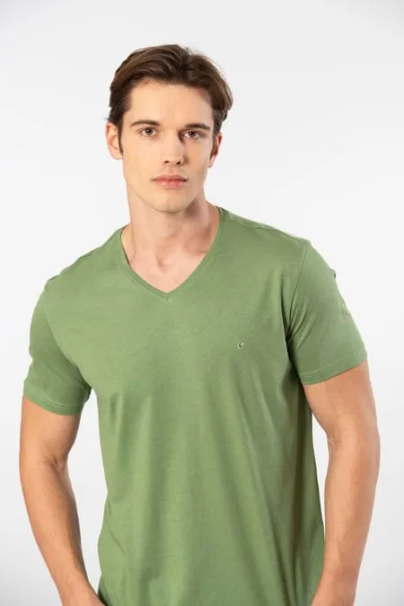Modal Pamuk Kısa Kollu V Yaka Erkek T-shirt Cacharel 2170 - Yeşil