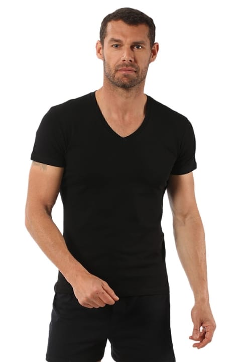 Pamuklu Yarım Kol V Yaka T-Shirt Erkek Atlet Özkan 0273 - Siyah