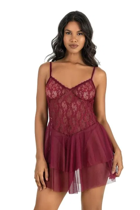 Katlı Tül Gecelik Bordo Ahu 4216 - Bordo