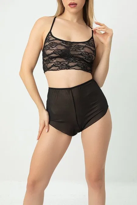 Fantezi Transparan Şortlu Bralet Takım DoReMi 002-001286 - Siyah