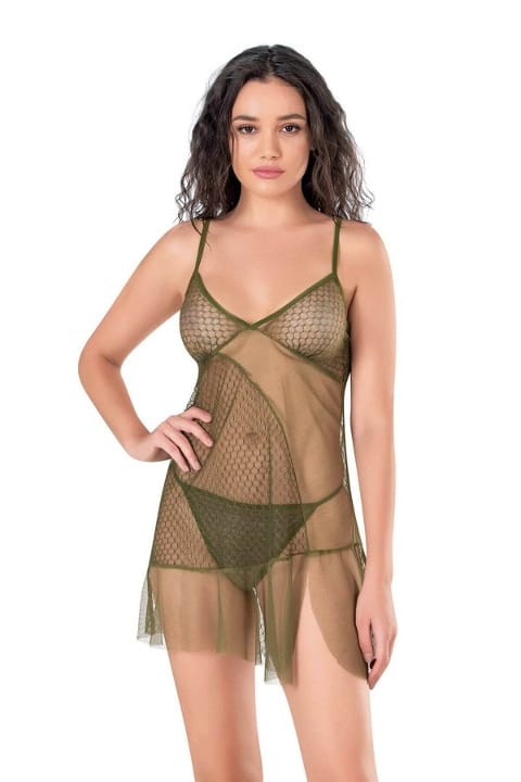 Şeffaf Tül Tek Parça Body Haki Ahu 4119 - Yeşil