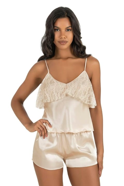 Fildişi Saten Şort Takımı Kadın Pijama Takımı Ahu 9214 - Bej