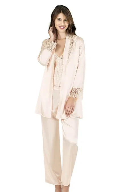 Fildişi Saten Üçlü Gecelik Pijama Takımı Ahu 7640 - Ekru