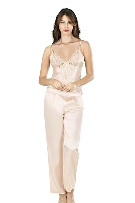 Fildişi Saten Üçlü Gecelik Pijama Takımı Ahu 7640 - Ekru