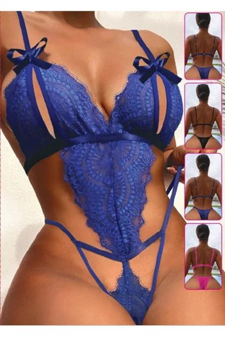 Fiyonklu Mavi Dantel Tek Parça Body For Dreams 8457 - Mavi