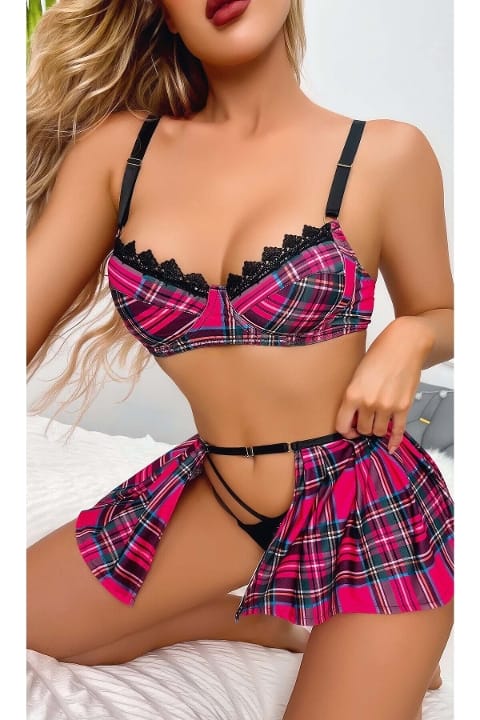 Fuşya Ekose Gecelik Fantazi Kostüm Ruselin 2074