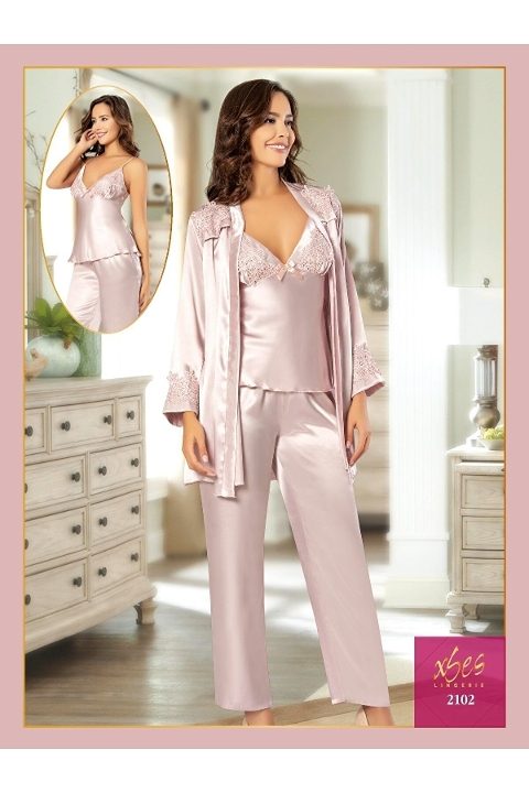 Dantel Detaylı İnce Askılı Saten Sabahlık Pijama Seti XSES 2102 - Pudra