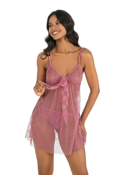 Leopar Desenli Göğüs Bağlamalı Kısa Tül Gecelik Ahu 4225 - Pembe