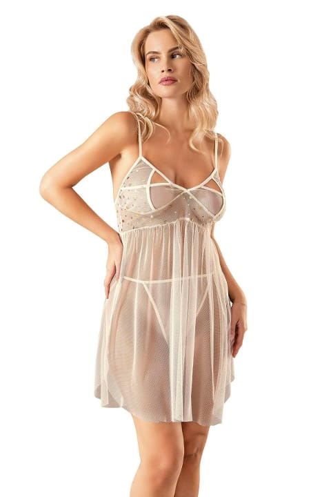 Göğüs Dekolteli Kısa Tül Gecelik Transparan Kumaş Ahu 4231 - Ekru