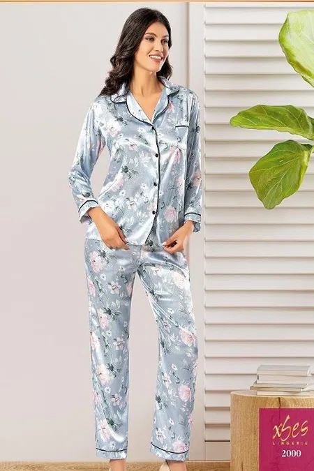 Çiçekli Saten Kadın Pijama Çeyiz Seti XSES 2000 - Mavi
