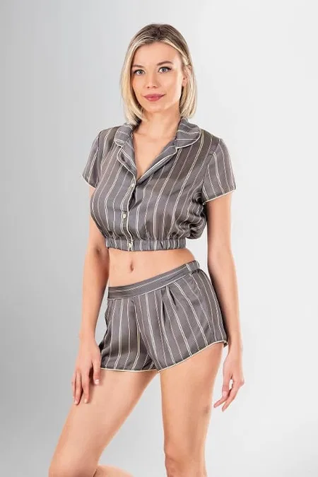Çizgili Gömlek Yaka Şort Pijama Takımı Ahu 1946 - Gri