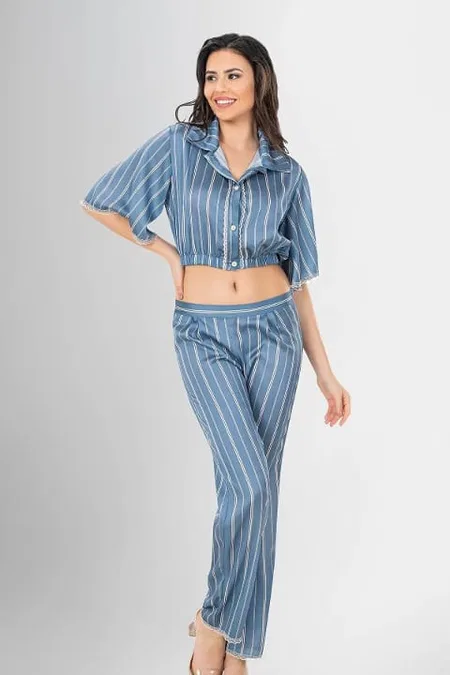 Gömlek Yaka Crop 2li Düğmeli Pijama Takımı Sarı Ahu 1956 - Mavi