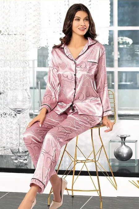 Saten Leopar Desenli Pijama Çeyiz Seti XSES 2000 - Pembe