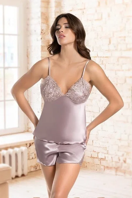 Dantelli Saten Şortlu Pijama Takımı İzabel 10005 - Gri