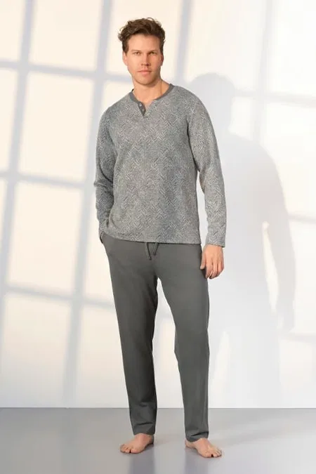 Gri Desenli Pamuklu Düğme Yaka T-Shirt Erkek Pijama Takımı Doreanse 25K4531 - Gri