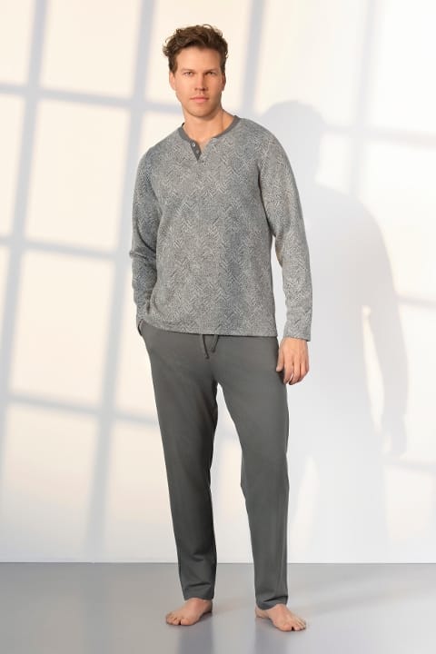 Gri Desenli Pamuklu Düğme Yaka T-Shirt Erkek Pijama Takımı Doreanse 25K4531