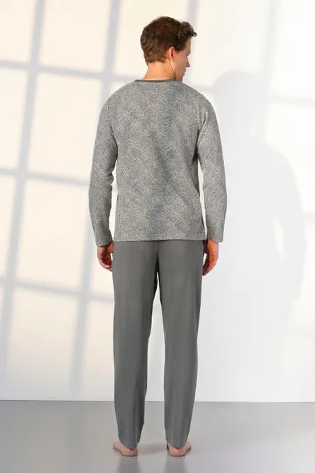 Gri Desenli Pamuklu Düğme Yaka T-Shirt Erkek Pijama Takımı Doreanse 25K4531 - Gri