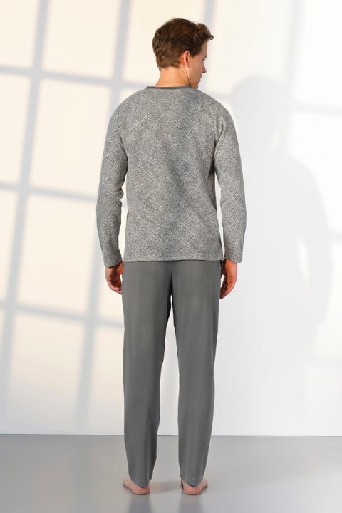 Gri Desenli Pamuklu Düğme Yaka T-Shirt Erkek Pijama Takımı Doreanse 25K4531 - Gri