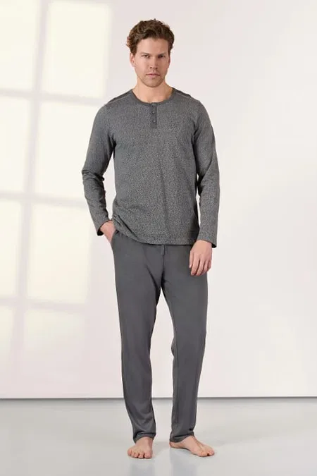 Büyük Beden Gri Pamuklu Düğmeli Yuvarlak Yaka Erkek Pijama Takımı Doreanse 25K4530P - Gri