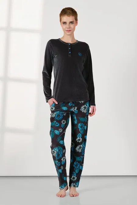 Gri Kadife Mavi Çiçek Desenli Kadın Pijama Takımı Doreanse 25K4034 - Gri