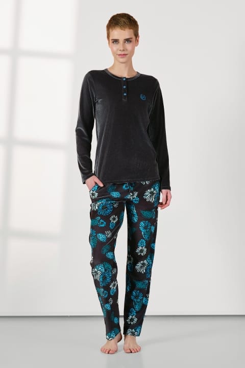 Gri Kadife Mavi Çiçek Desenli Kadın Pijama Takımı Doreanse 25K4034