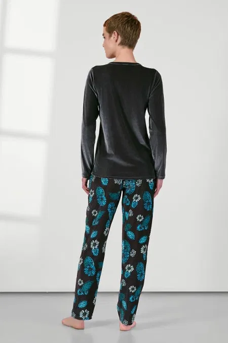 Gri Kadife Mavi Çiçek Desenli Kadın Pijama Takımı Doreanse 25K4034 - Gri