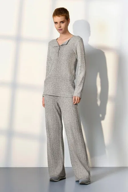Gri Melanj Viskon Düğmeli Yaka Kadın Pijama Takımı Doreanse 25K4040 - Gri