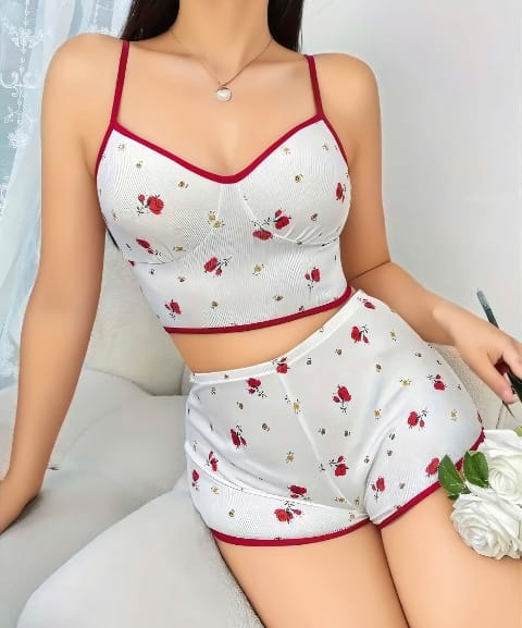 Gül Desenli Beyaz Şort Takım Kadın Pijama Takımı Lily Bianca 13001