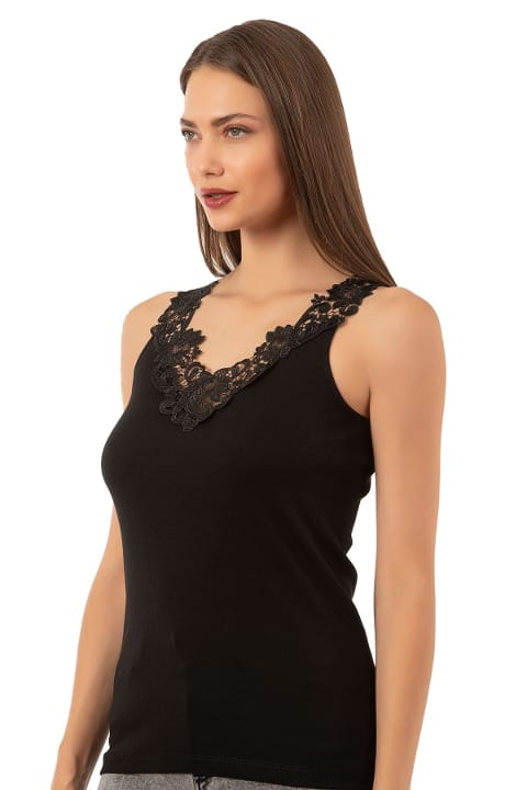 Pamuklu Ribana Dantelli Atlet Özkan 2001 - Siyah