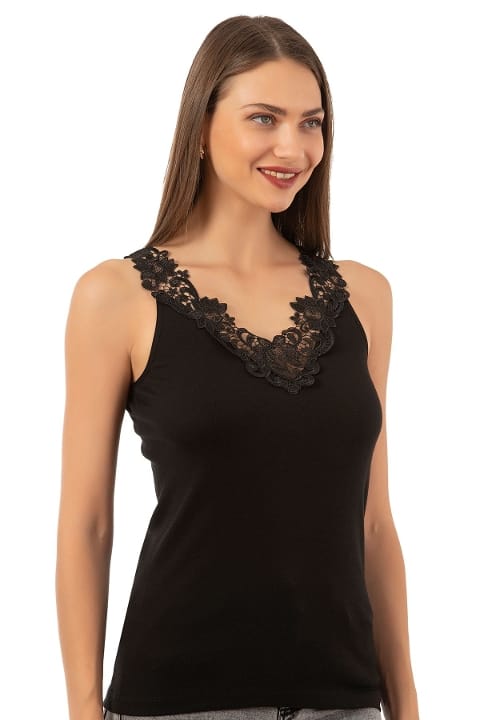 Pamuklu Ribana Dantelli Atlet Özkan 2001 - Siyah