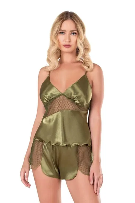 Haki Saten Babydoll Şort Takımı Ahu 9112 - Haki