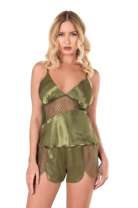 Haki Saten Babydoll Şort Takımı Ahu 9112 - Haki