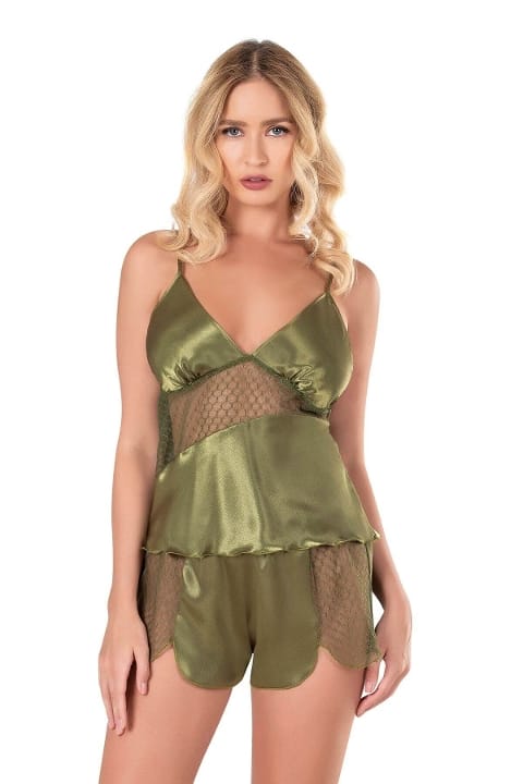 Haki Saten Babydoll Şort Takımı Ahu 9112 - Haki