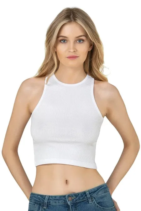 Halter Yaka Pamuklu Fitilli Vücuda Oturan Crop Atlet Özkan 26814 - Beyaz