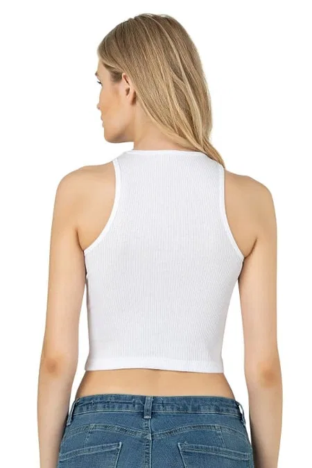 Halter Yaka Pamuklu Fitilli Vücuda Oturan Crop Atlet Özkan 26814 - Beyaz