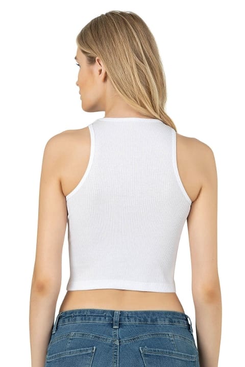 Halter Yaka Pamuklu Fitilli Vücuda Oturan Crop Atlet Özkan 26814 - Beyaz